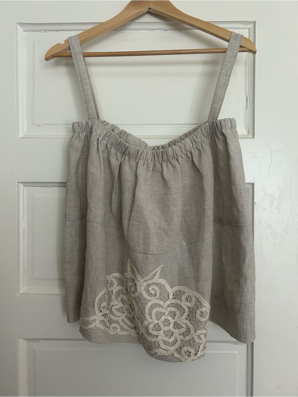 100% LINEN Tank Top with Crochet Lace Accent - Light Gray